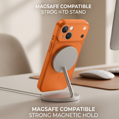 Orange MagSafe compatible iPhone case mounted on white metal stand with strong magnetic hold