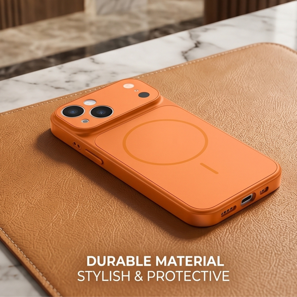 Orange durable material iPhone case with MagSafe compatibility on tan leather surface, stylish and protective