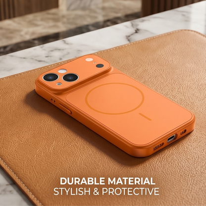 Orange durable material iPhone case with MagSafe compatibility on tan leather surface, stylish and protective