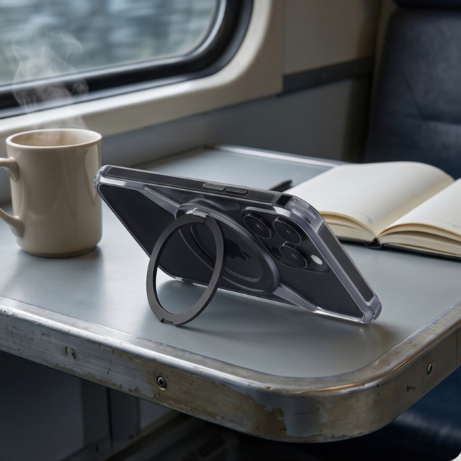 Clear MagSafe iPhone case with integrated magnetic ring mounted on train window table next to coffee mug, book, and sunglasses