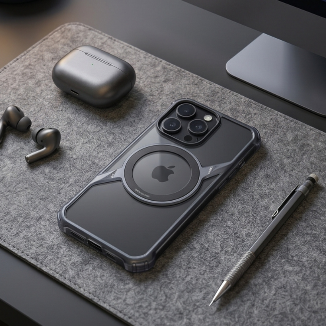 Clear iPhone case with MagSafe ring displayed on gray felt desk pad with wireless earbuds, stylus pen, and tech accessories