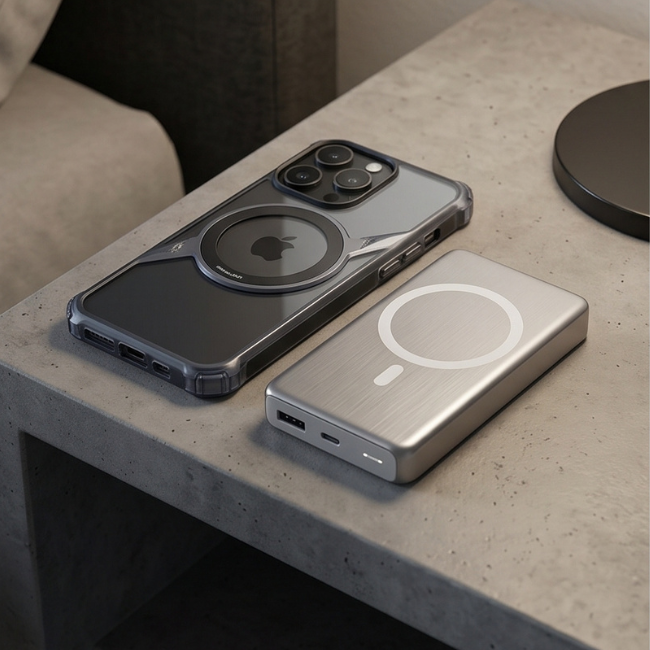 Transparent iPhone case with MagSafe compatibility positioned on concrete surface next to portable power bank with charging capability