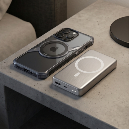 Transparent iPhone case with MagSafe compatibility positioned on concrete surface next to portable power bank with charging capability