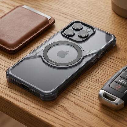 Clear iPhone case with MagSafe ring and protective frame displayed on wooden desk with leather wallet and car key remote