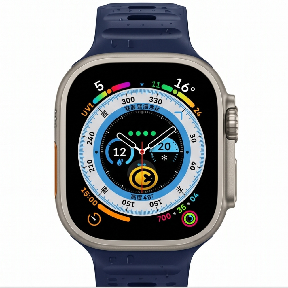 Front-facing view of an Apple Watch Ultra with titanium case and navy blue sport band, showcasing the rugged watch face with compass and depth gauge display