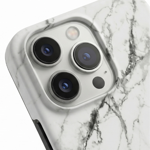Close-up of white marble-patterned iPhone case showing camera cutouts | GrunX
