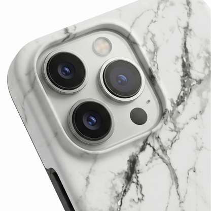 Close-up of white marble-patterned iPhone case showing camera cutouts | GrunX