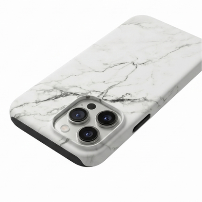 Angled view of white marble-patterned iPhone case highlighting the camera module cutout | GrunX