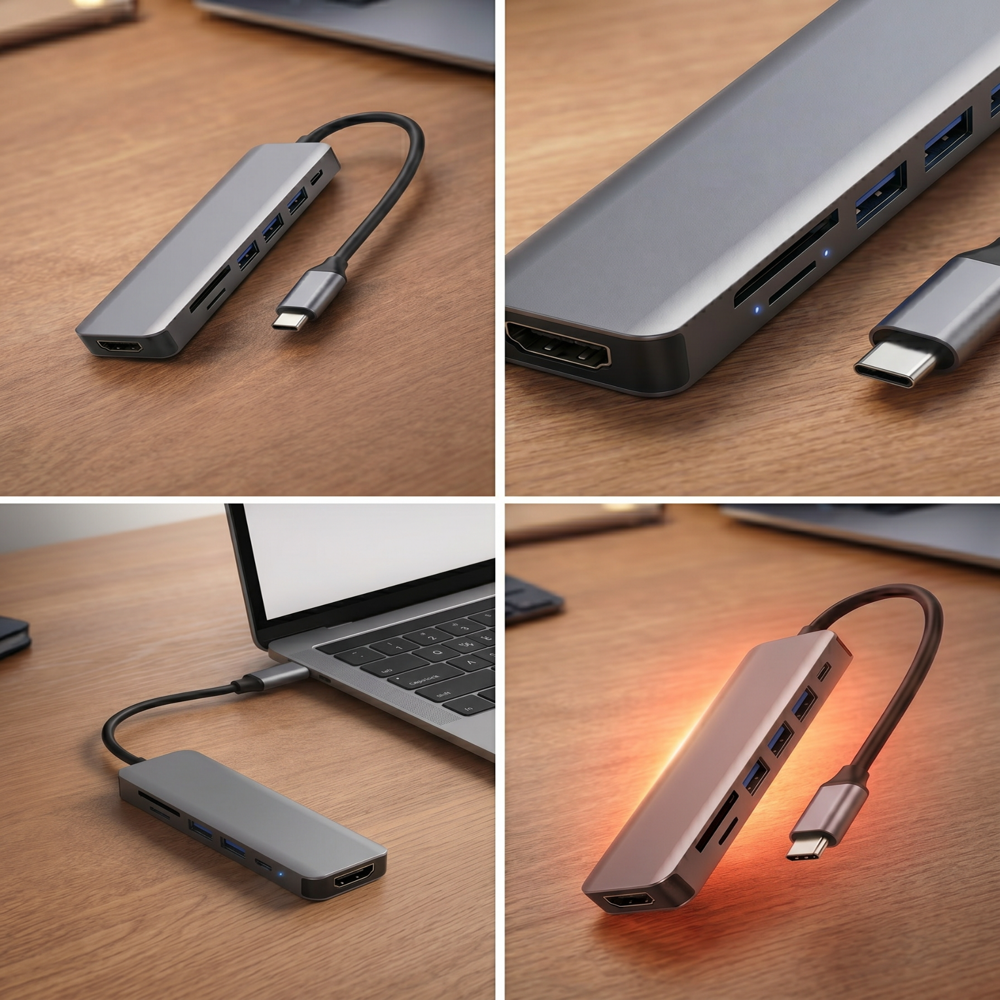 Military Grade Adapter integrated into a home office setup, enhancing productivity with multiple ports – available at GrunX