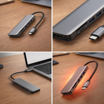 Military Grade Adapter integrated into a home office setup, enhancing productivity with multiple ports – available at GrunX