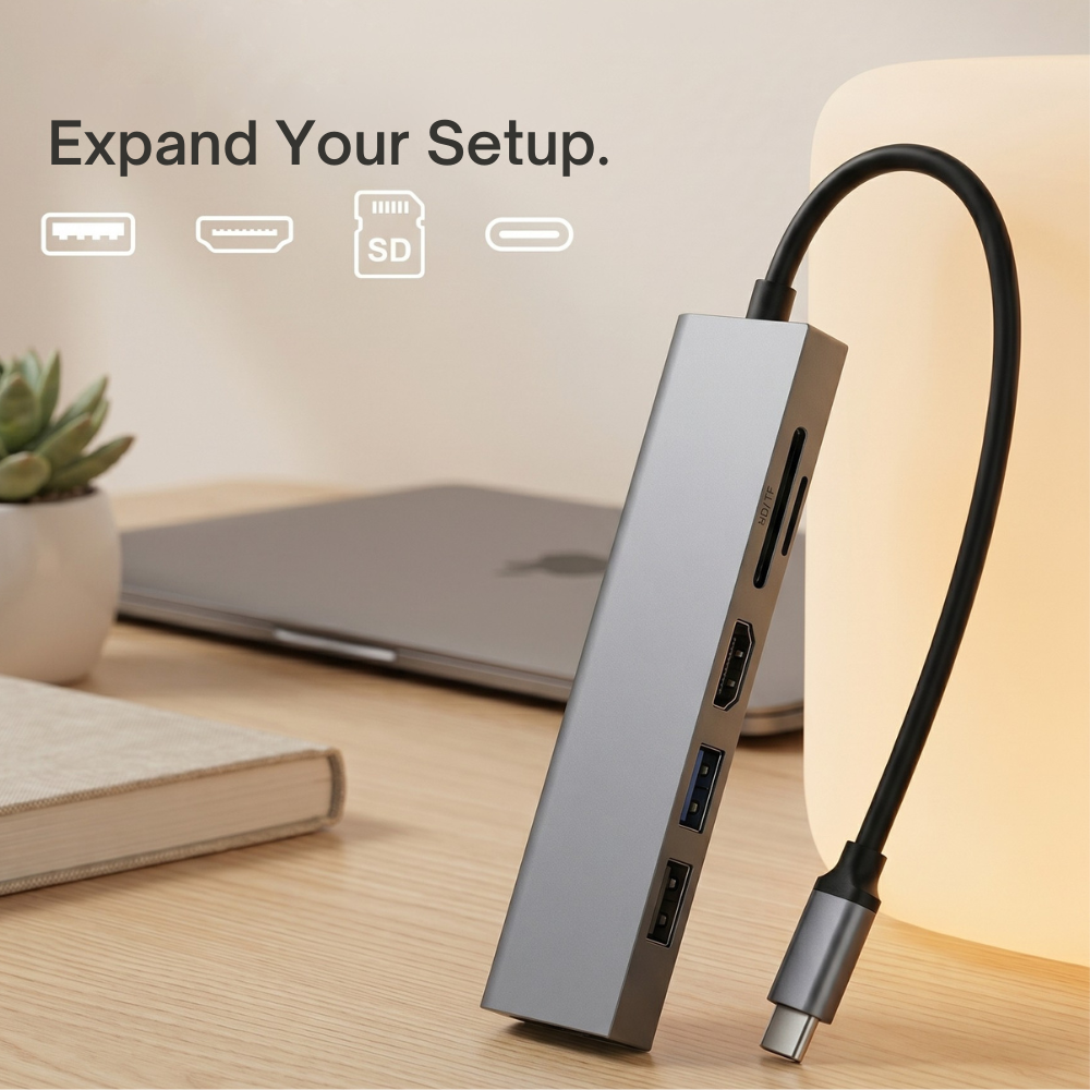 GRUNX Military Grade USB-C adapter 100W connected to MacBook Air M2 with monitor mouse and keyboard in Indian home office
