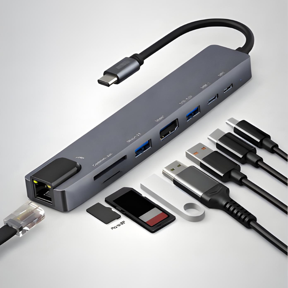 GRUNX 7-in-1 shockproof metal hub close-up showing aluminium alloy shell finish and all seven port openings
