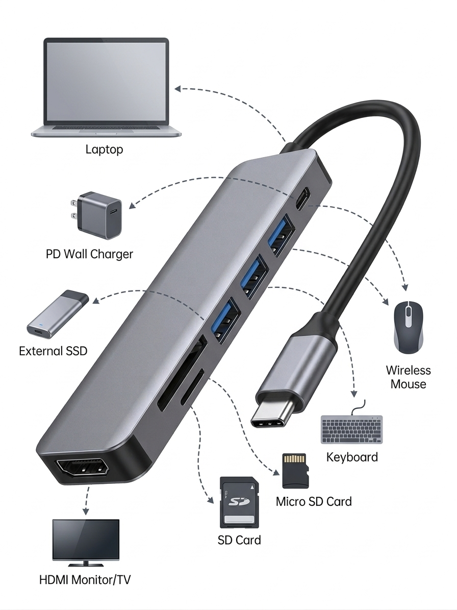 GRUNX 7-in-1 shockproof metal hub close-up showing aluminium alloy shell finish and all seven port openings

