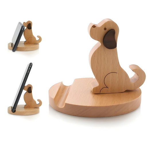 GRUNX Moti wooden mobile stand with premium natural wood finish holding smartphone at ergonomic viewing angle on modern desk India