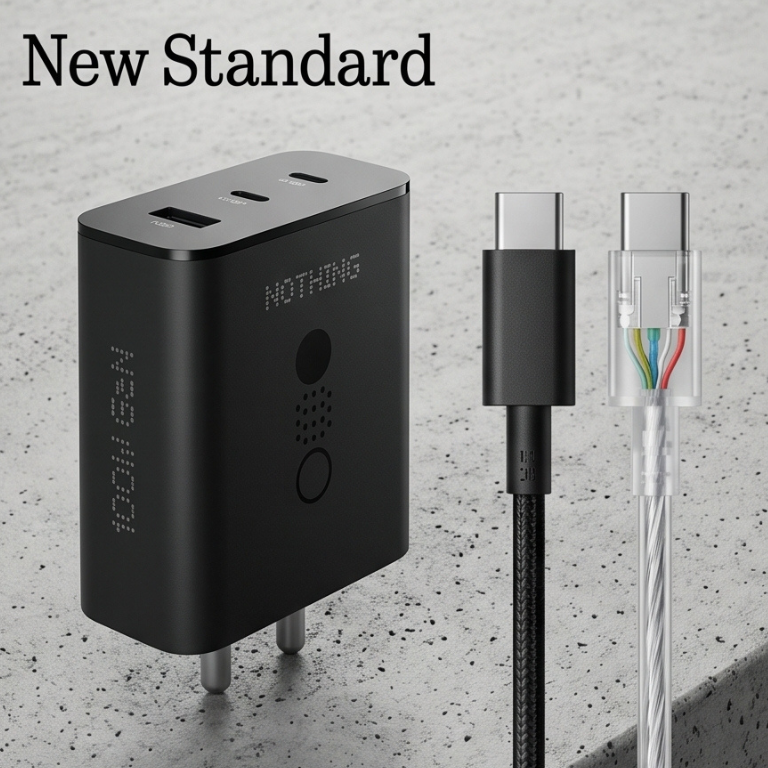 Built-in safety features of Nothing 100W GaN Fast Charger Adapter, including overcurrent, overvoltage, and short-circuit protection – available at GrunX