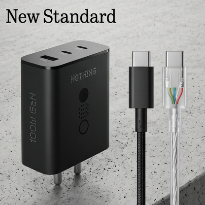 Built-in safety features of Nothing 100W GaN Fast Charger Adapter, including overcurrent, overvoltage, and short-circuit protection – available at GrunX