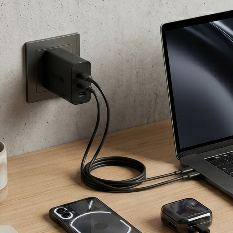 Nothing 100W GaN Fast Charger Adapter powering multiple devices simultaneously, demonstrating its 3-port capability – available at GrunX