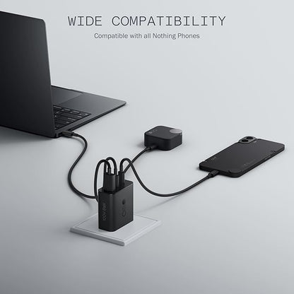 Close-up of Nothing 100W GaN charger ports: 2 USB-C and 1 USB-A, supporting simultaneous fast charging – available at GrunX