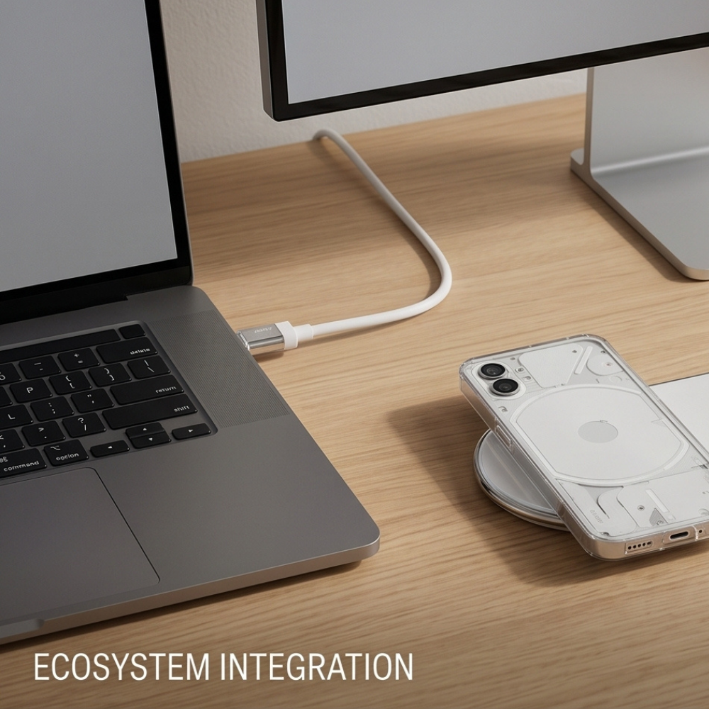 Nothing 65W USB-C to USB-C fast charging cable connected to laptop on wooden desk beside Nothing Phone