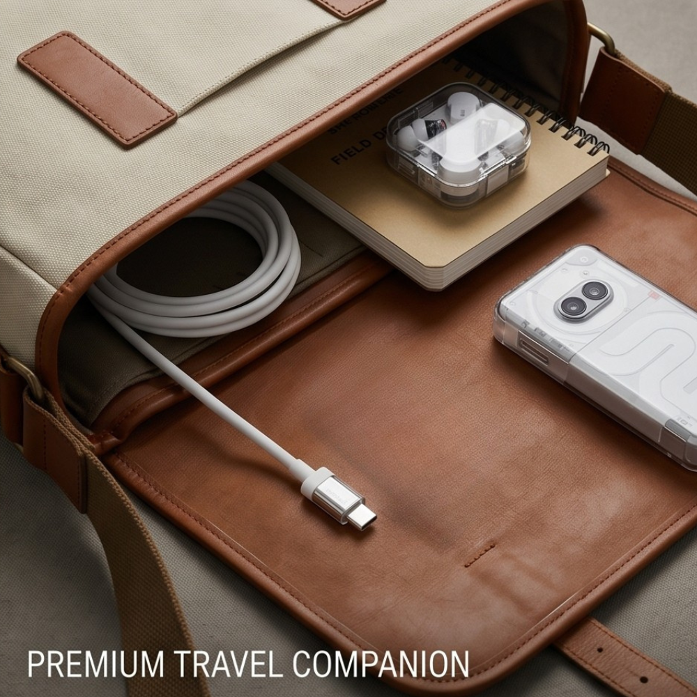 Nothing 65W USB-C to USB-C fast charging cable coiled in leather travel bag alongside Nothing Phone and earbuds