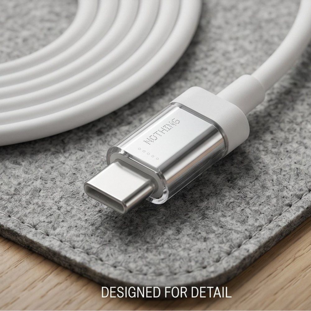 Nothing 65W USB-C to USB-C fast charging cable close-up showing transparent metal connector design