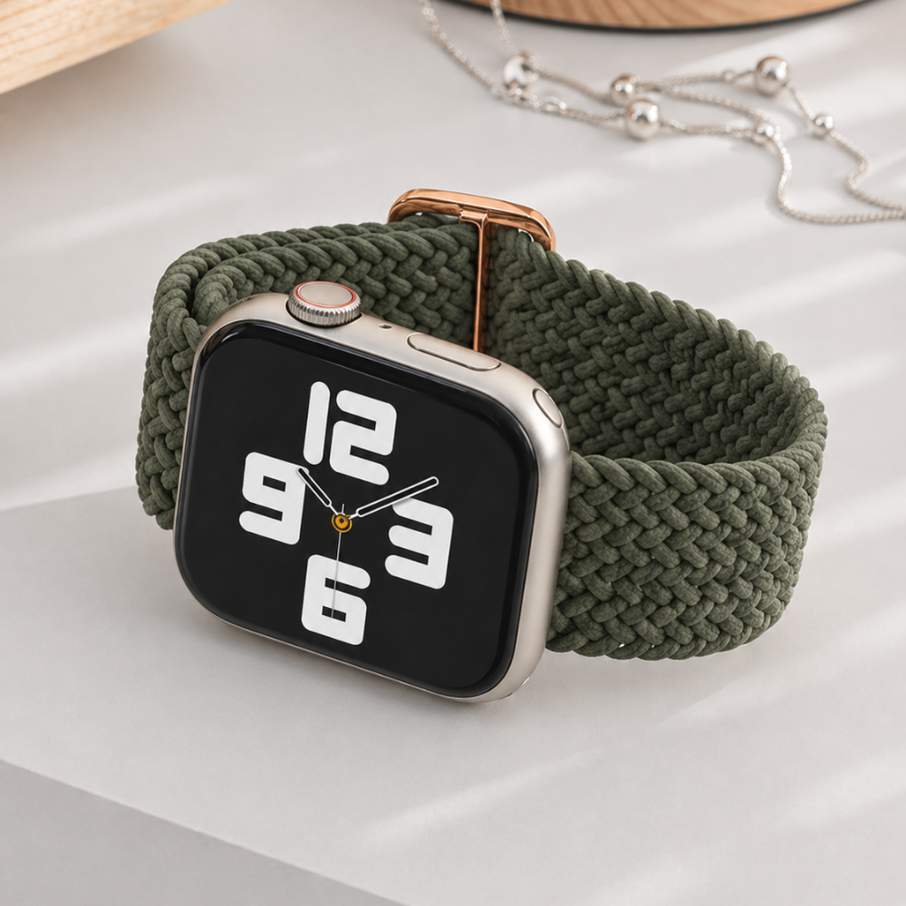 GRUNX Army green nylon braided Apple Watch strap soft woven solo loop rose gold buckle product shot white surface India