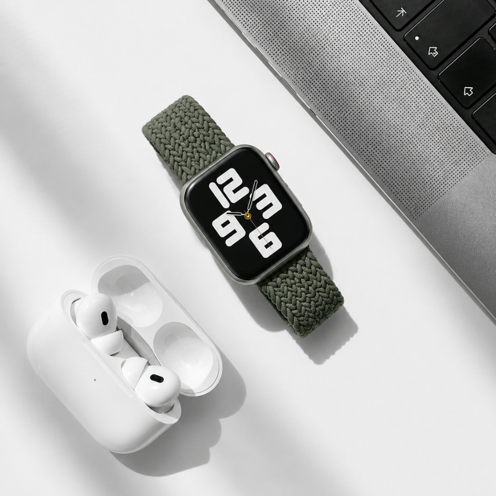 GRUNX Army green nylon braided Apple Watch strap flat lay lifestyle AirPods Pro MacBook elastic solo loop India