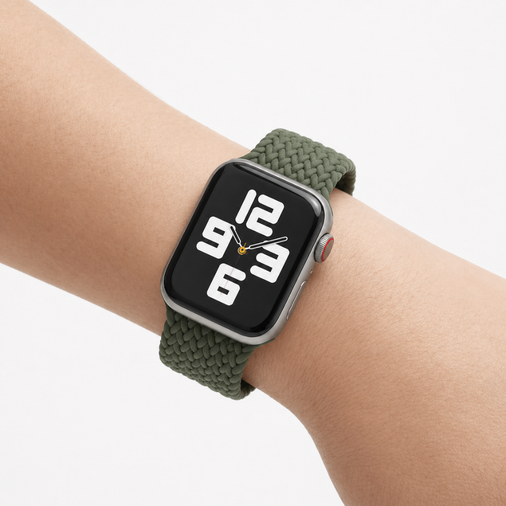 GRUNX Army green braided nylon Apple Watch strap wrist model shot elastic solo loop series 9 8 7 6 SE Ultra India