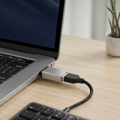 Type-C to USB-A OTG metal adapter connected to laptop USB port via braided cable on wooden desk