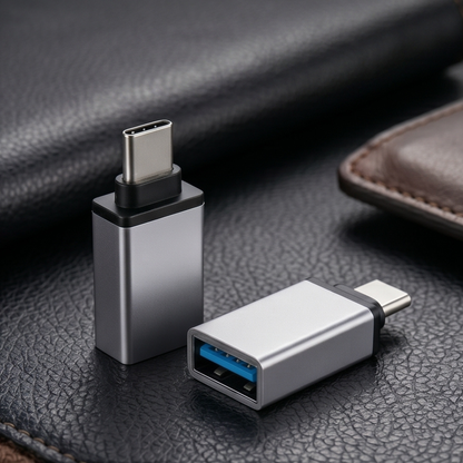 Type-C to USB-A OTG metal adapter duo showing USB 3.0 port and aluminium build on leather surface
