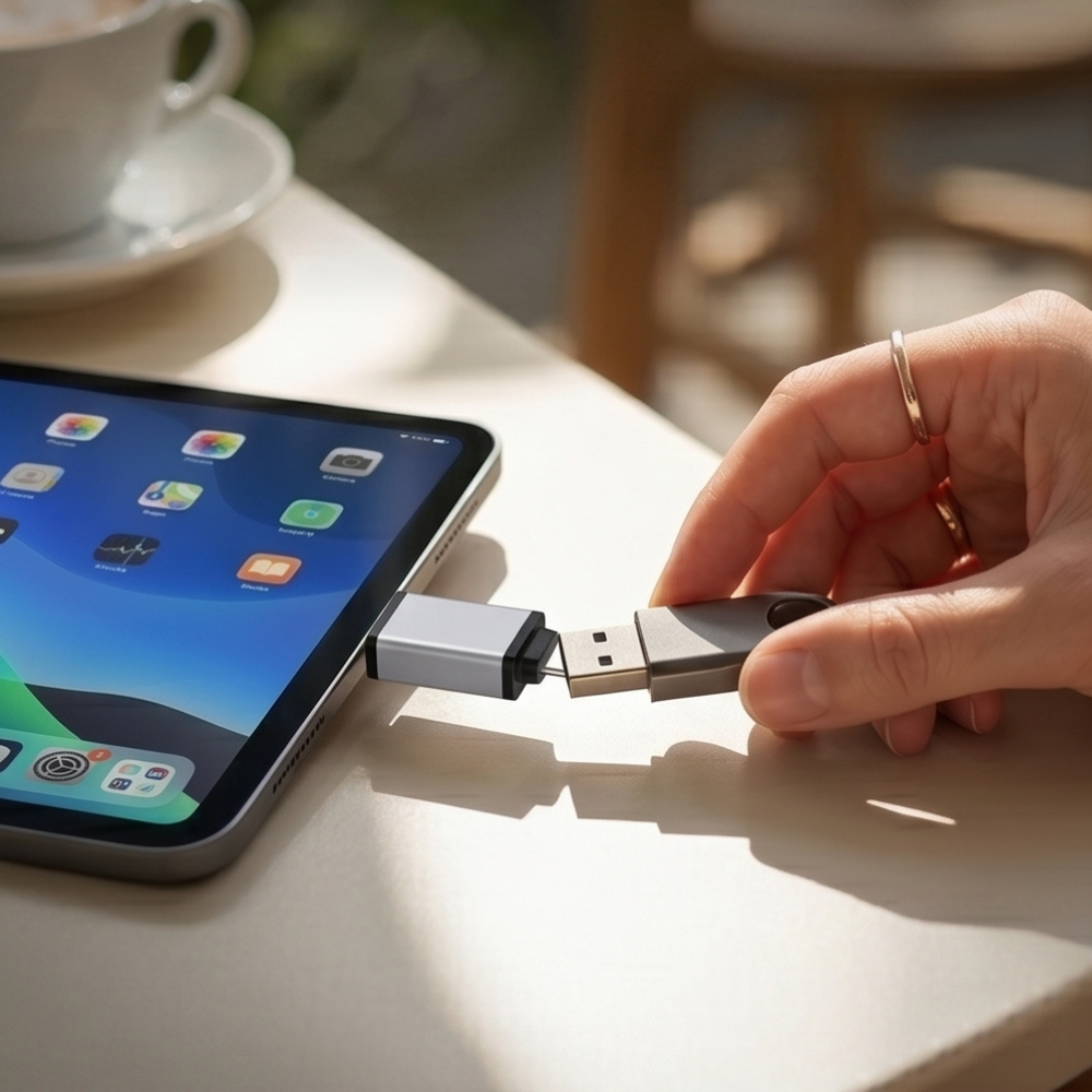 Type-C to USB-A OTG metal adapter connecting USB flash drive to tablet for fast data transfer