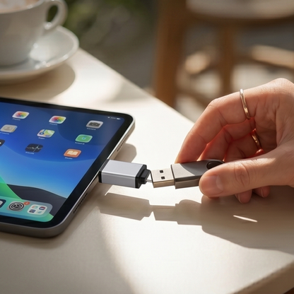 Type-C to USB-A OTG metal adapter connecting USB flash drive to tablet for fast data transfer