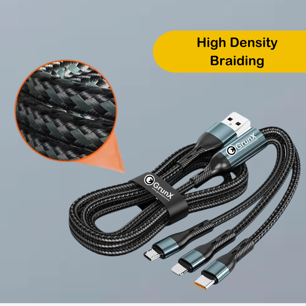 GRUNX Object nylon braided cable charging iPhone Android and Micro USB device simultaneously Indian home setup
