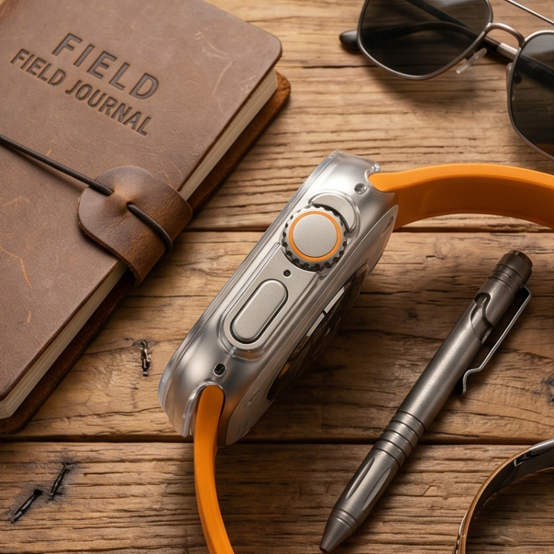 Apple Watch Ultra with orange ocean wave silicone band laid on a wooden surface beside a Field Notes notebook, sunglasses, and a pen