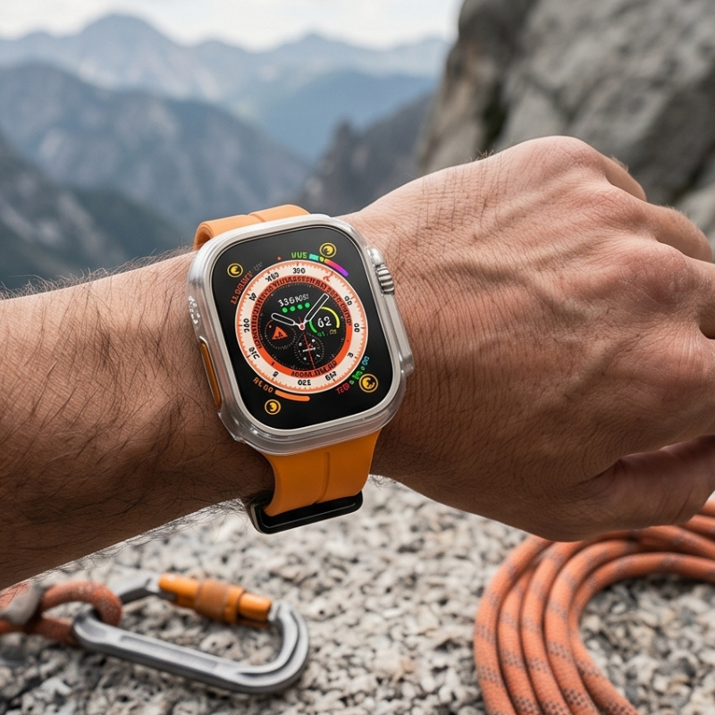 Person wearing Apple Watch Ultra with orange ocean wave silicone band on their wrist outdoors with a mountain landscape in the background
