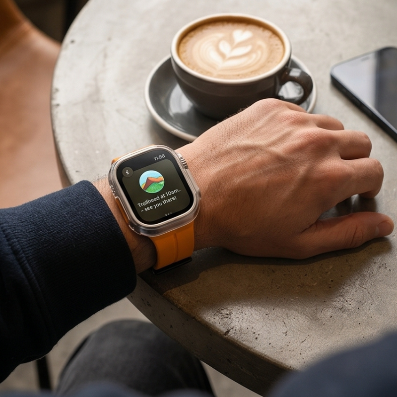 Overhead view of two hands on a wooden café table, both wearing Apple Watch Ultra with orange ocean wave silicone band, with a latte nearby