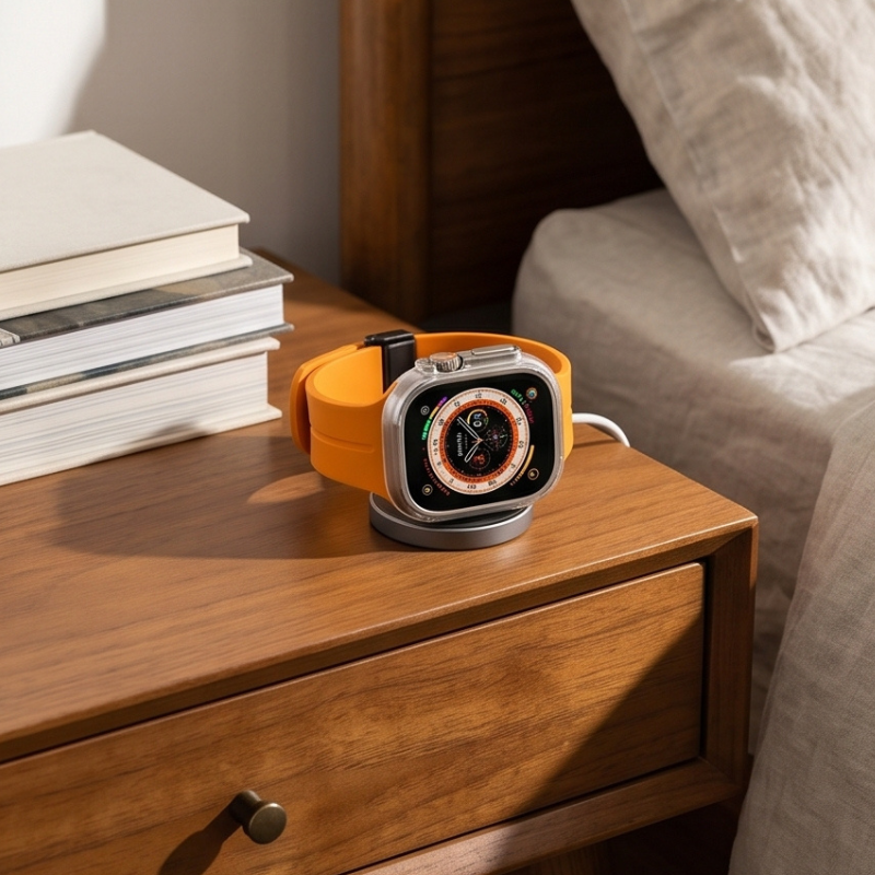 Apple Watch Ultra with orange ocean wave silicone band placed on a wooden bedside nightstand beside a small lamp