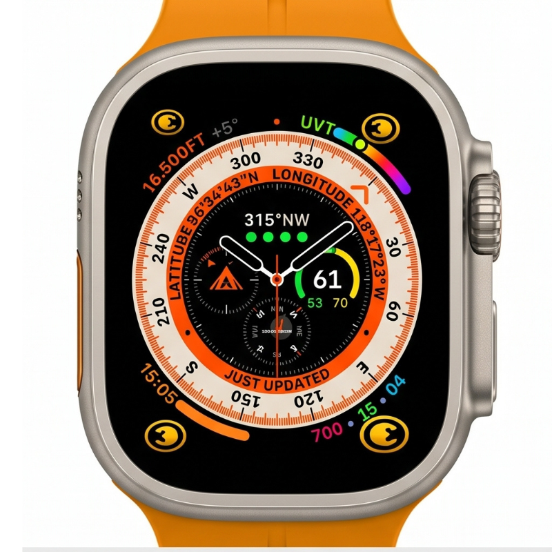 Front product view of Apple Watch Ultra with titanium case and orange ocean wave silicone band displaying a detailed compass watch face on a white background