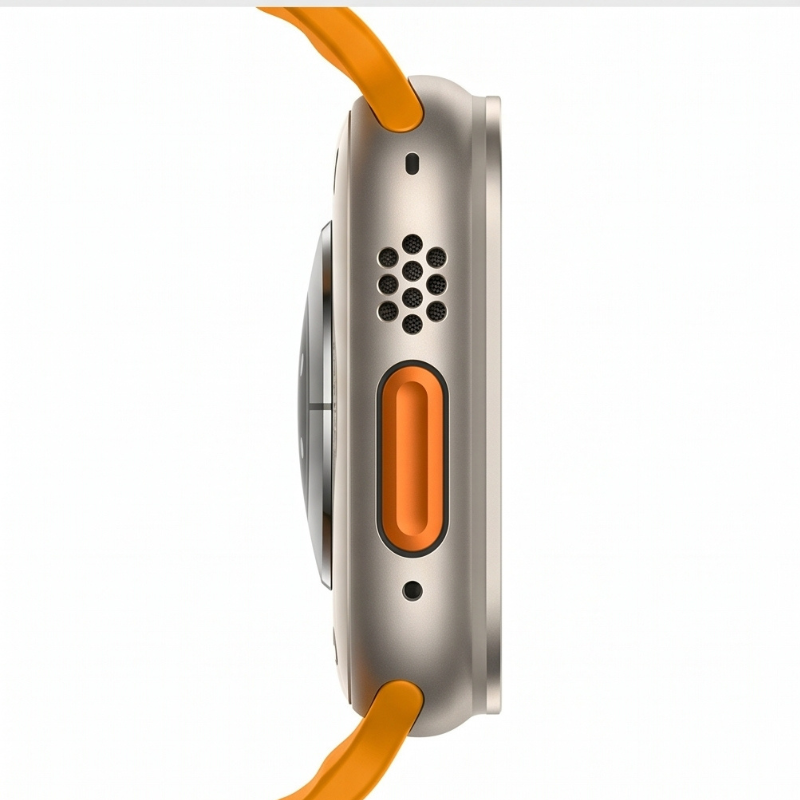 Side profile product view of Apple Watch Ultra with orange ocean wave silicone band on a white background, showing the titanium case buttons and band attachment