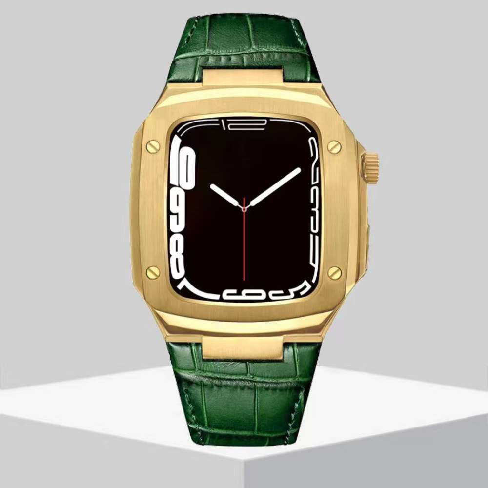 Watch Strap and Watch Band Apple Apple Watch Series  9, 8, 7, Ultra & Ultra 2 44mm Green Gold Showing Rectangular Case And Strap Pandora GrunX in India