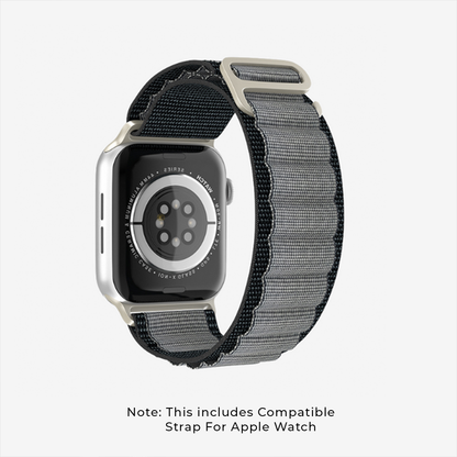 An Apple Watch displayed with a note indicating compatibility with Apple Watch straps.