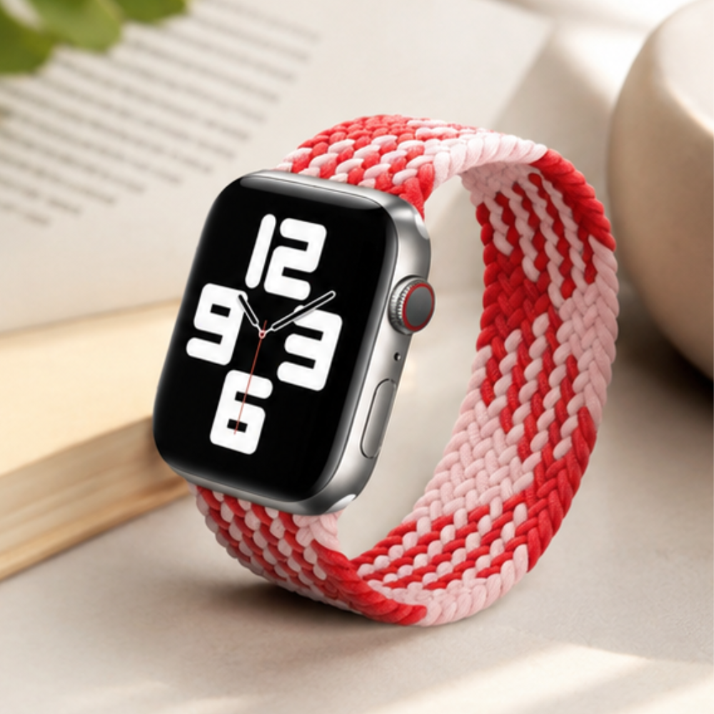 Apple Watch with red and white braided solo loop band resting against an open book, shot from a lifestyle angle