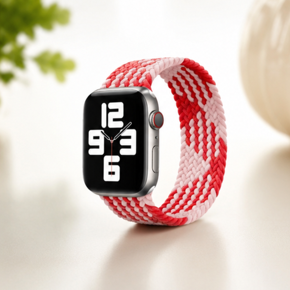 Apple Watch with a red and white woven braided solo loop band displayed on a light green surface with soft natural lighting