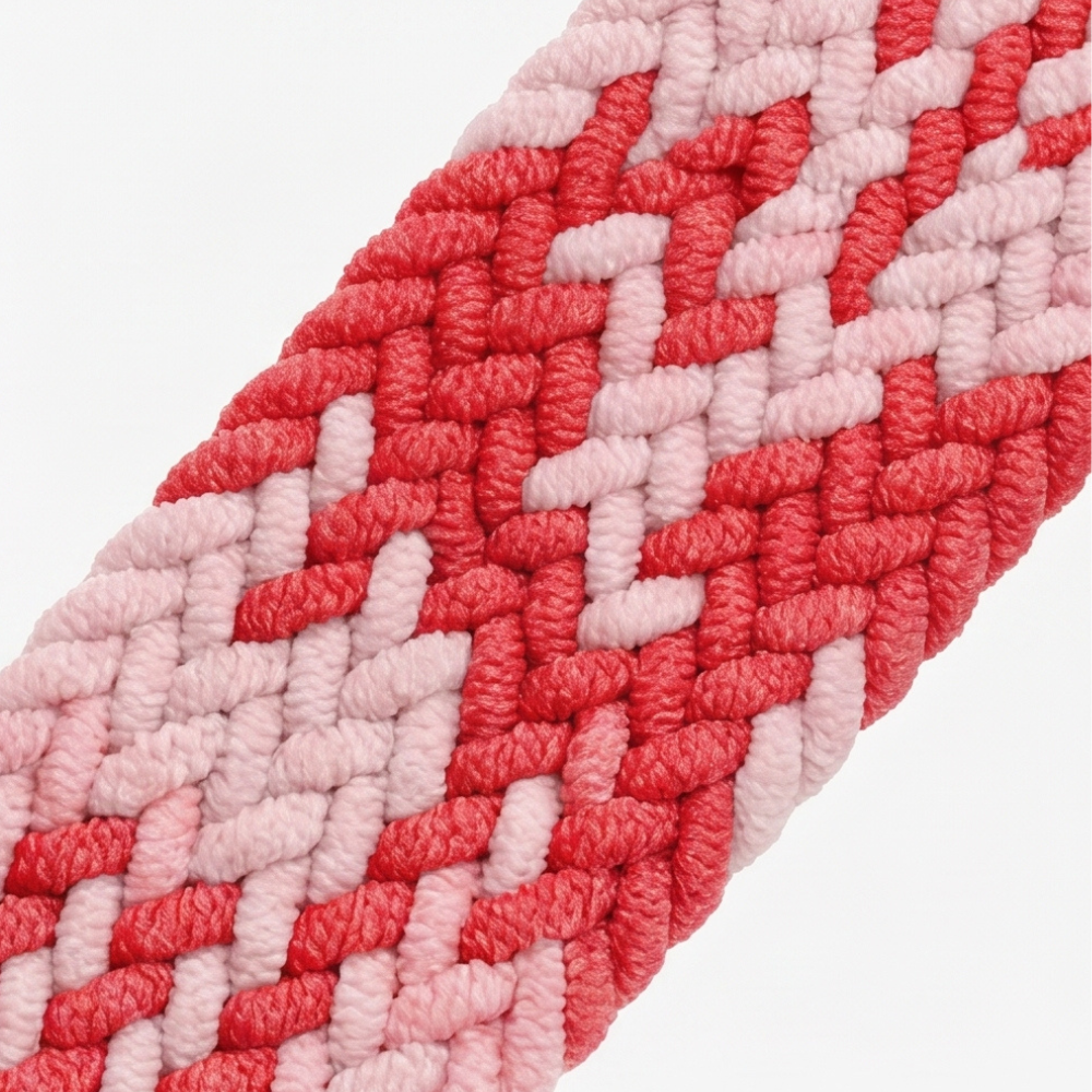 Close-up macro shot of a red, pink, and white diamond-patterned braided Apple Watch band showing detailed weave texture