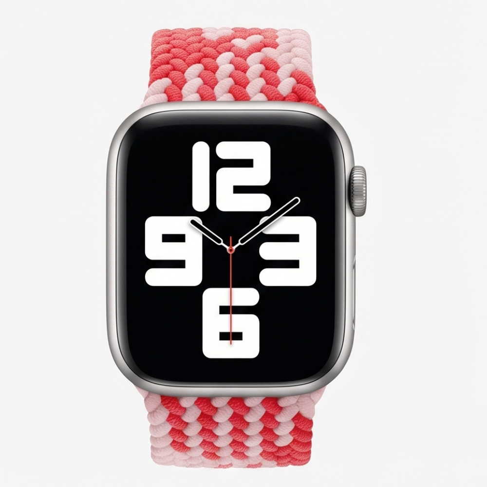 Front view of an Apple Watch with silver aluminum case and a red and white braided solo loop band showing the watch face clearly