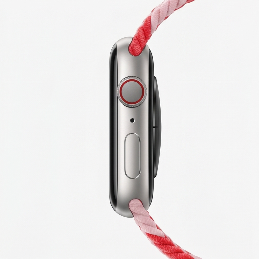 Side profile view of an Apple Watch with silver case and red and white braided solo loop band on a neutral background
