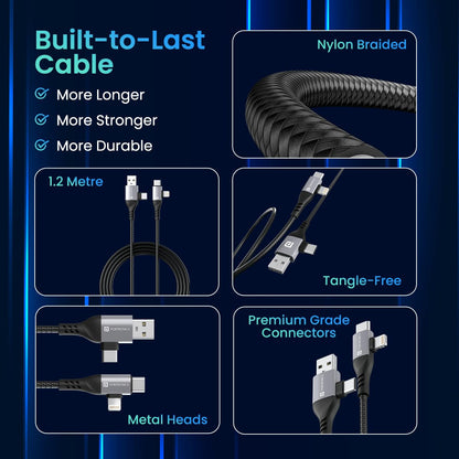 Portronics 4-in-1 nylon braided charging cable with metal heads, tangle-free design, 1.2 metre length, durable premium grade connectors
