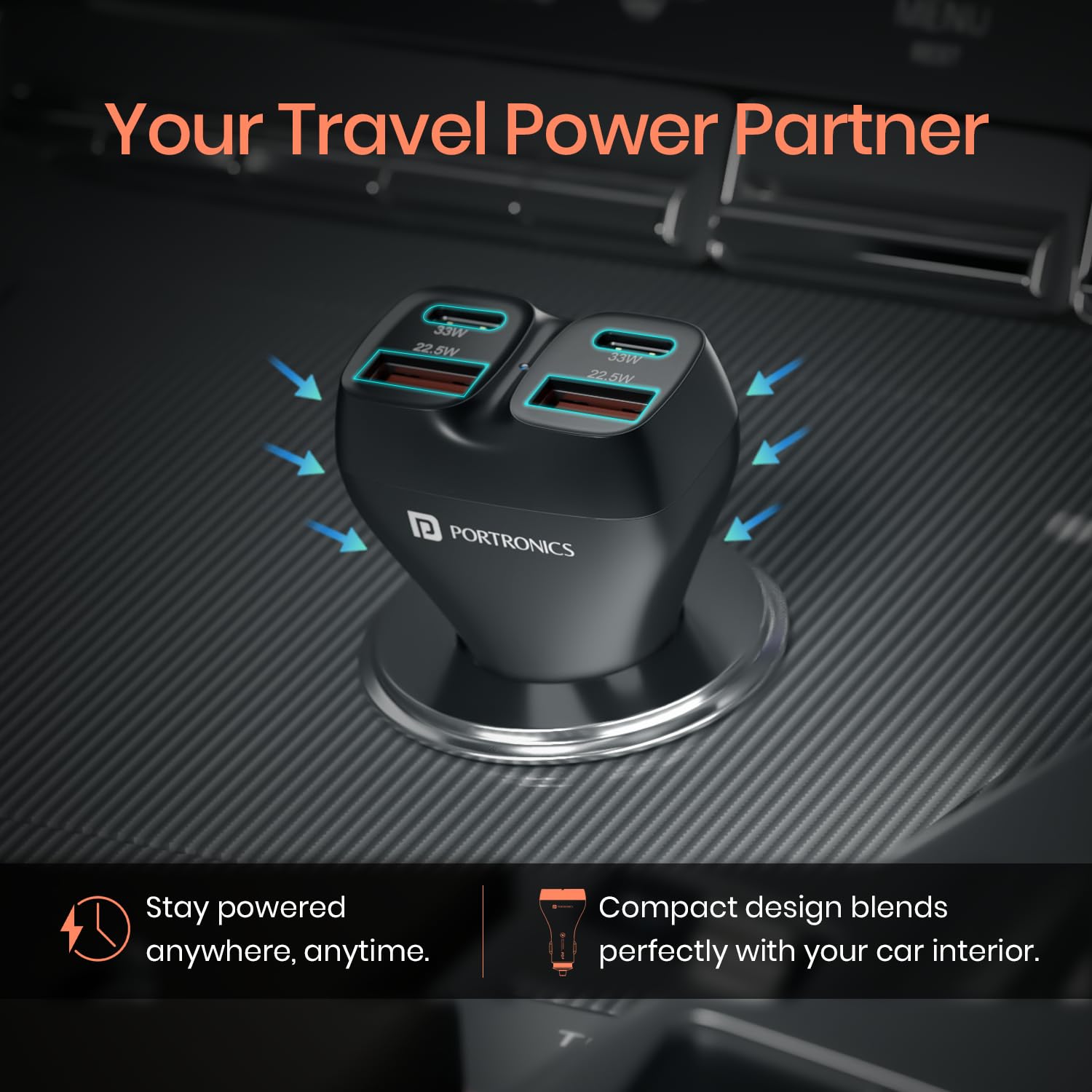 Portronics 111W travel car charger with dual 33W Type-C and 22.5W USB ports, compact design for car interior