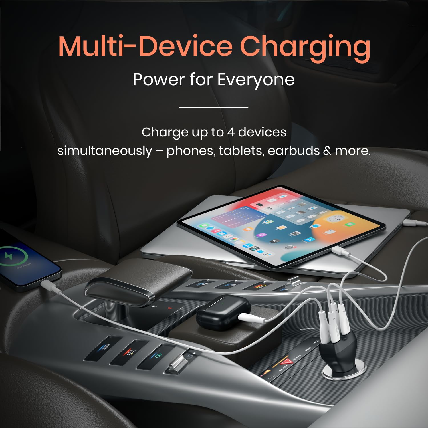 Portronics 4-port car charger multi-device charging phone, tablet, and earbuds simultaneously in car