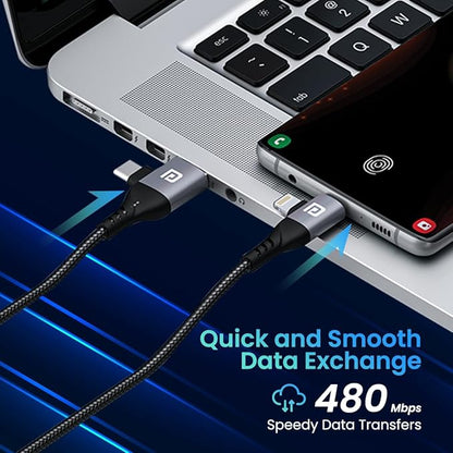 Portronics 4-in-1 cable connected to MacBook and Android smartphone for fast data transfer at 480 Mbps quick and smooth data exchange